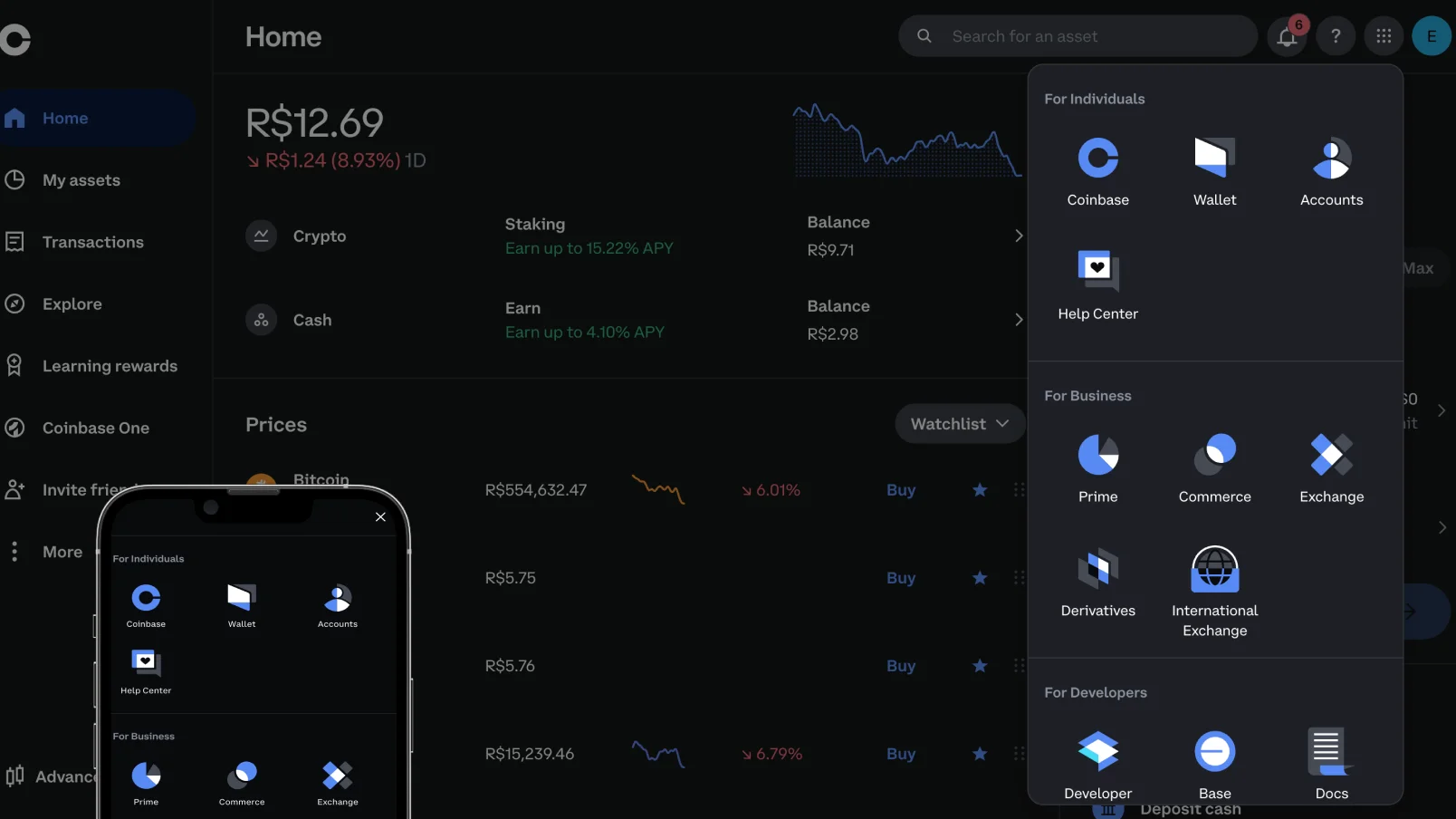 Coinbase home with the app switcher menu open