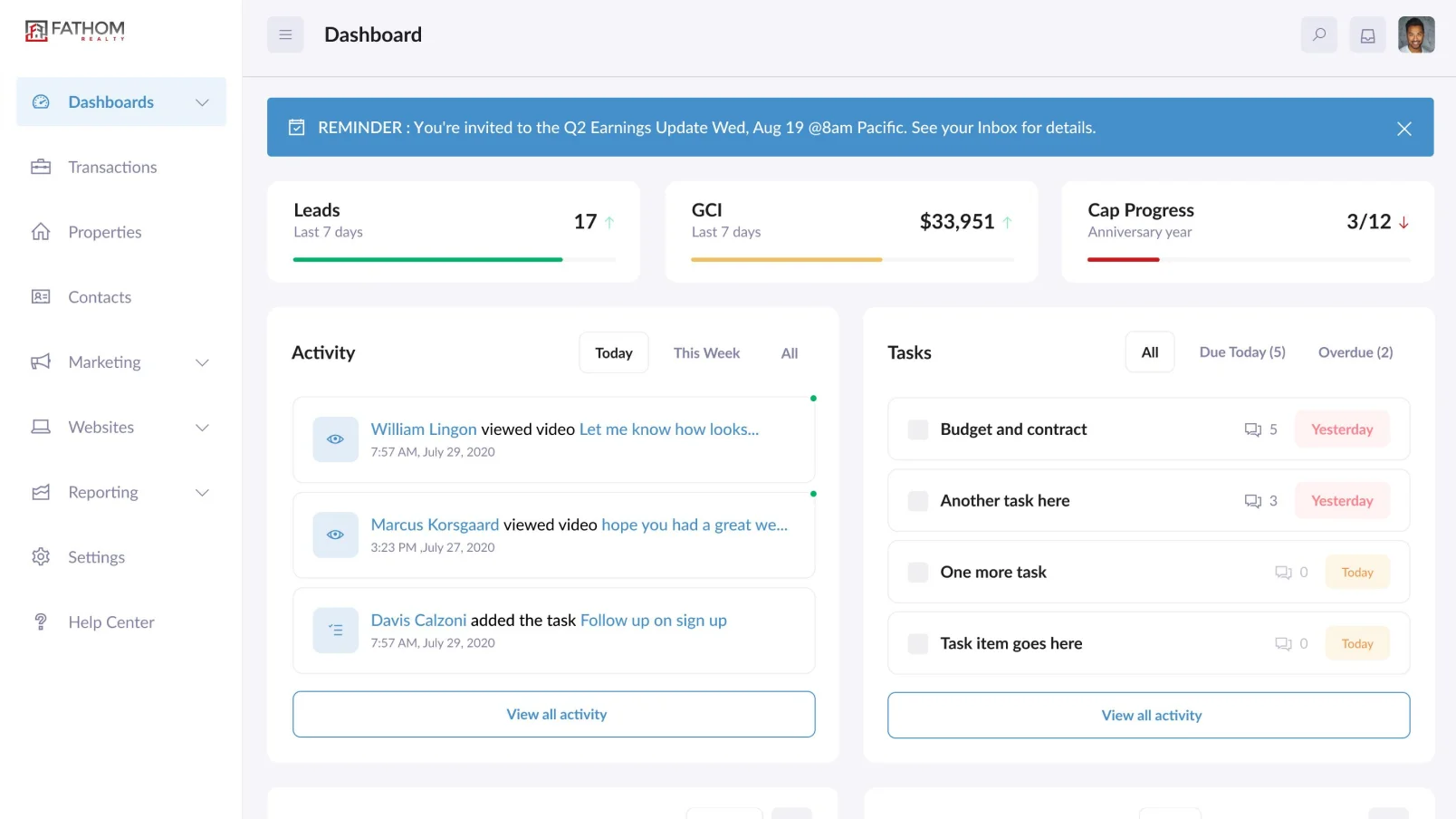 IntelliAgent dashboard with leads, activity and tasks