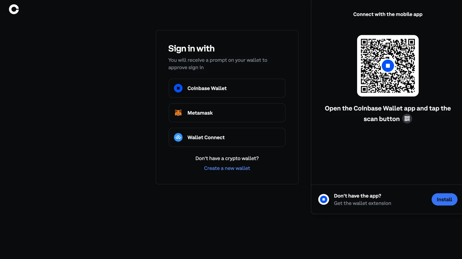 Coinbase wallet sign-in screen with a QR code