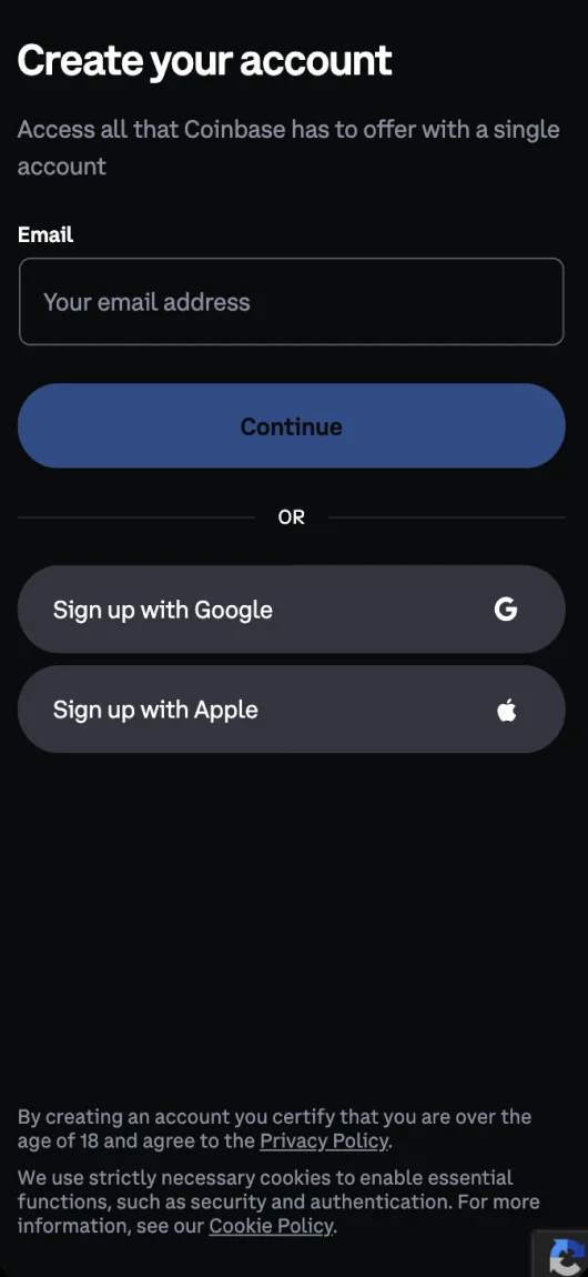 Coinbase account creation screen with email, Google and Apple options